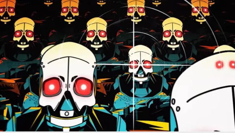 Des dizaines de robots à l'apparence de squelettes fixent le lecteur avec des yeux rougeoyants et menaçants. Le style graphique ressemble à un dessin animé de propagande.