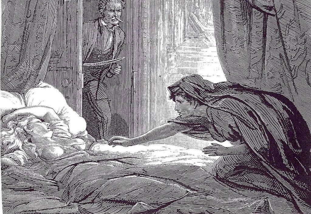 Gravure en noir et blanc : la vampire Carmilla qui s'approche du lit d'une jeune fille endormie.