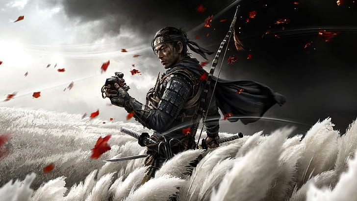 Sakai Jin, le samurai et ninja héros de Ghost of Tsushima (autre jeu de Sony sorti sur PC et qui est au centre d'une polémique) regarde pensivement son masque de samurai. Il est en armure, le sabre dégainé. Des nuages noirs et des cendres s'approchent dans le ciel.