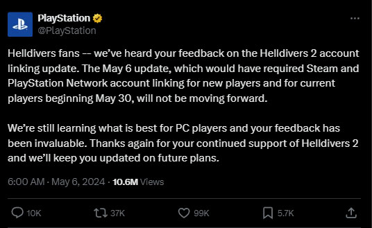 Message de Sony à l'écrit. Ils disent qu'ils ont pris en compte le mécontentement des joueurs et s'engagent à annuler la connexion obligatoire au PSN.