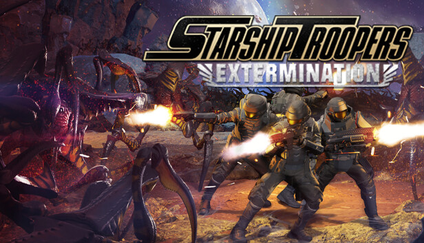Quatre soldats de Starship Troopers en armure grise tire à l'arme à feu contre des hordes d'arachnides jaunes et noirs qui menacent de les encercler. Le titre Starship Troopers Extermination est écrit en gros en haut à droite. On distingue une planète bleue à l'horizon.