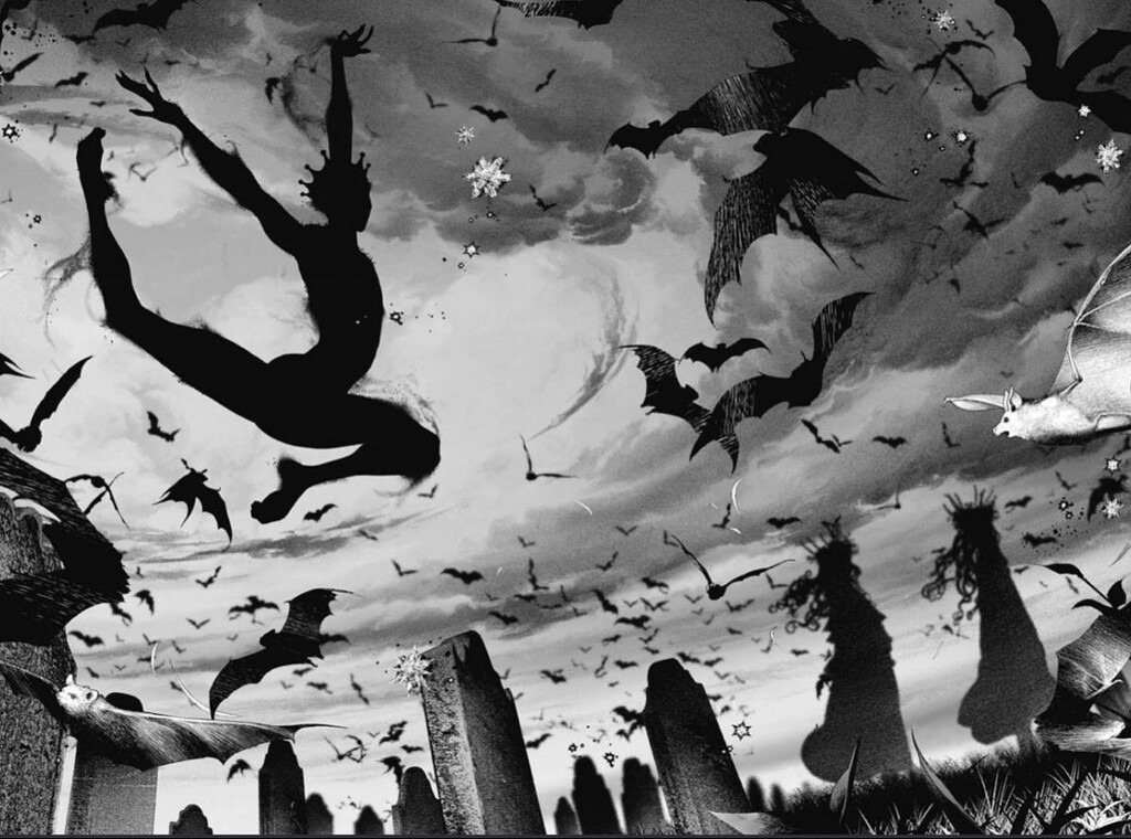 Un tourbillon de chauves-souris dans le ciel, avec la silhouette d'un bouffon-acrobate qui danse. En-dessous, les ombres de deux petites filles qui traversent un cimetière.