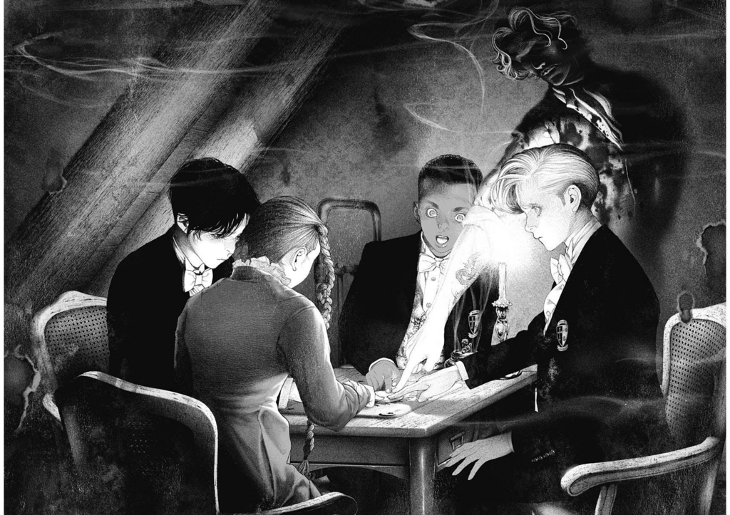 Les quatre personnages principaux (Mina, Jo Suwa, Arthur et Quincy), réunis autour d'une table pour une séance de spiritisme.