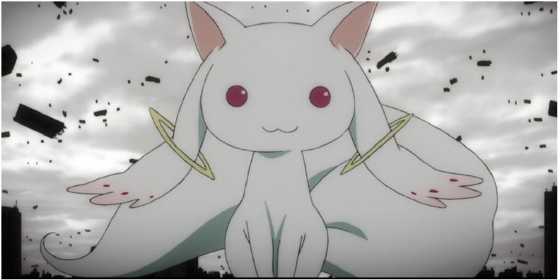 Comme décrit plus haut, Kyubei est un petit chat trop mignon avec des yeux rouges terrifiants ! Ici, il sourit pendant la fin du monde.