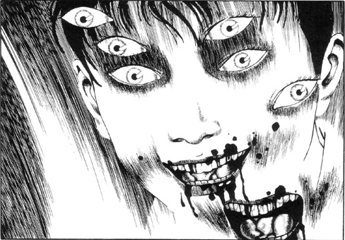 Image hallucinatoire où l'on voit un vampire avec plusieurs yeux, et la bouche ensanglantée et souriante.