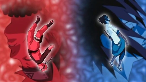 Naruto et Sasuke associés aux couleurs rouge et bleu.