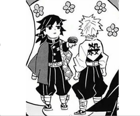 Giyuu tente d'offrir un ohagi (pâtisserie japonaise) à Sanemi, qui n'a pas l'air content !