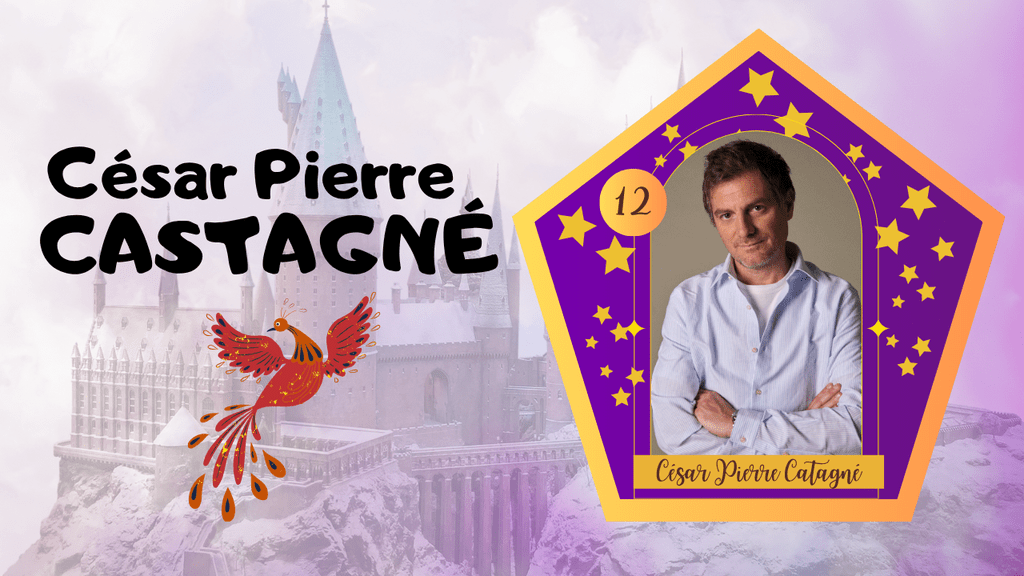 l'image montre le dr césar pierre castagné dans une carte de sorcier violette pleine d'étoiles, poudlard en arrière plan et un phénix