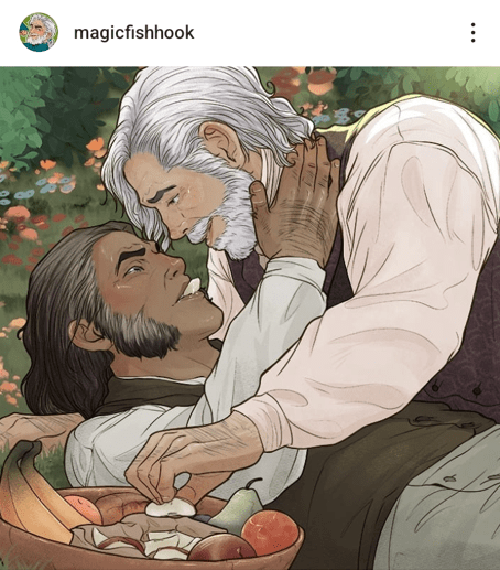 Fan art romantique représentant Javert et Jean Valjean en train de manger des fruits dans leur jardin. Javert a effectivement la peau foncée.