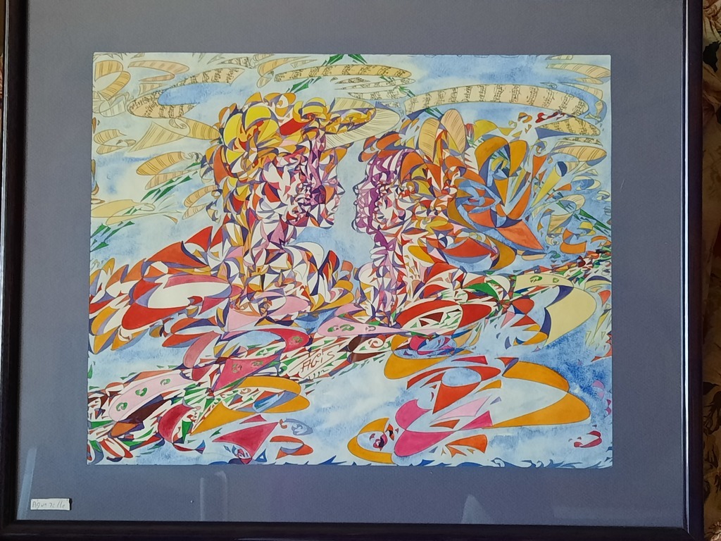 Aquarelle représentant deux têtes d'homme et de femme entourés de partitions de musiques. Là encore, leurs visages sont composés de petites formes géométriques.