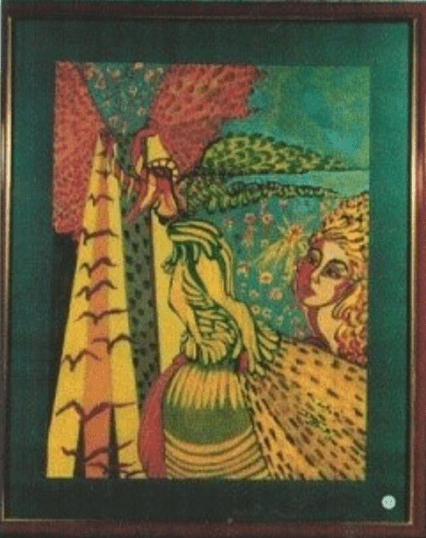 Peinture à l'huile au style vaguement surréaliste et à l'univers inspiré de la mythologie.