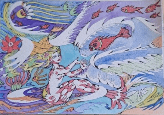 Aquarelle représentant une petite sirène parlant à un poisson.