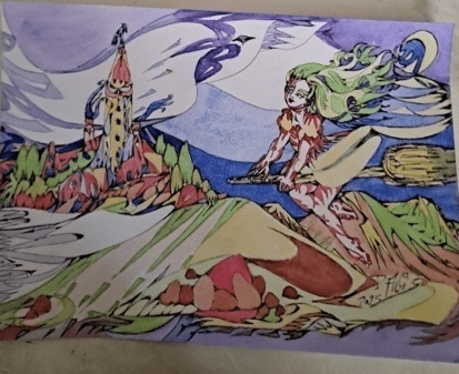 Aquarelle représentant une petite sorcière aux cheveux verts volant la nuit au dessus d'un village. Le style rappelle une illustration pour enfants.