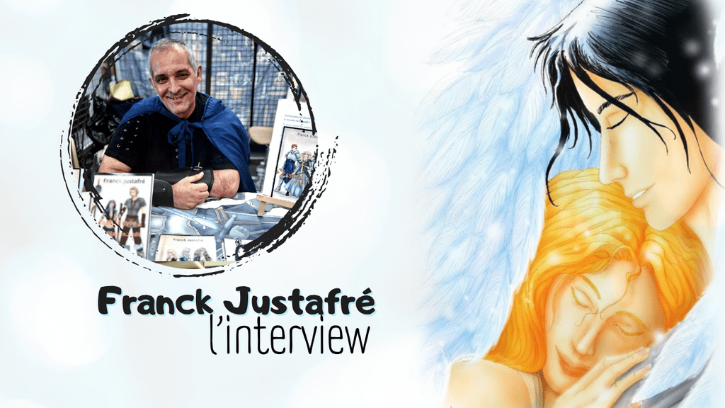 Franck Justafré à son stand à l'aka to kin cosplayé en aventurier avec une cape et sur le côté un dessin de ses deux protagonistes : Cassiel et Camélia