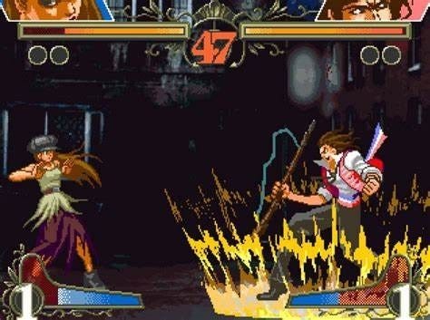 Capture d'écran du jeu, qui montre un affrontement entre Enjolras et Eponine.