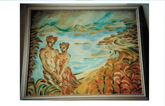 Peinture à l'huile, représentant un couple sur une plage célèbre de Tunisie.