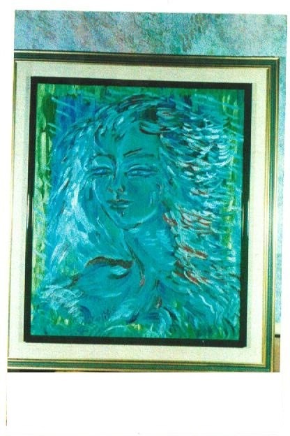 Peinture à l'huile représentant un visage de femme entièrement bleue.
