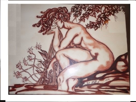 Dessin réaliste au pastel représentant une femme nue buvant à une source.
