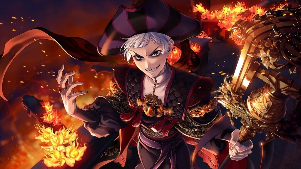 Rollo Flamme, version plus kawaii de Frollo, entouré de feu et riant d'un air diabolique.