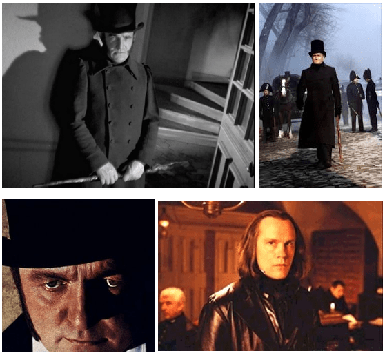 Quatre images montrant ces différents Javert. Charles Vanel, Bernard Blier et Michel Bouquet sont assez semblables : ils portent un long manteau noir, un chapeau haut de forme, des favoris et une canne. John Malkovich paraît plus jeune et est coiffé de manière plus élégante : il n'a pas de favoris et porte les cheveux assez longs. Son manteau noir est en cuir, ce qui fait également plus moderne. Et il est grand et mince, avec un visage allongé.