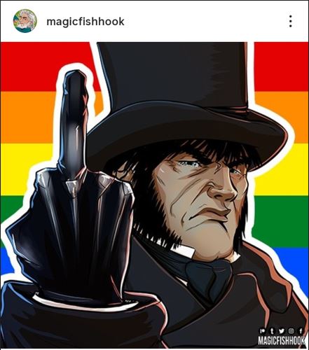 Javert faisant un doigt d'honneur au spectateur, avec un air peu commode ! L'arrière-plan est un drapeau arc-en-ciel.