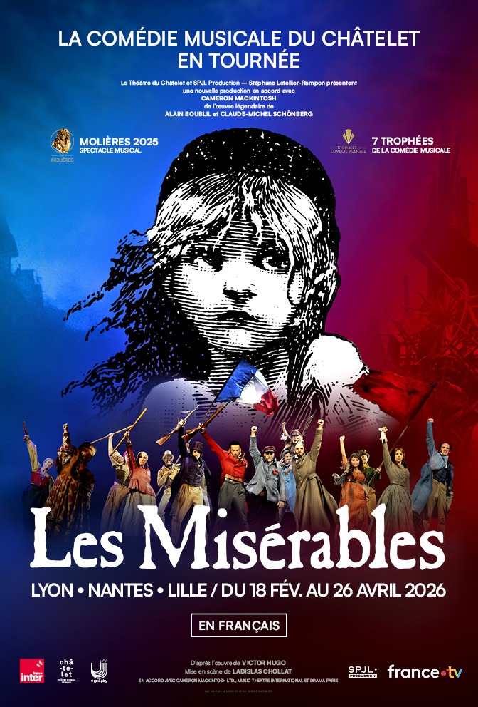 Affiche de la comédie musicale. Son logo est une illustration de Cosette.