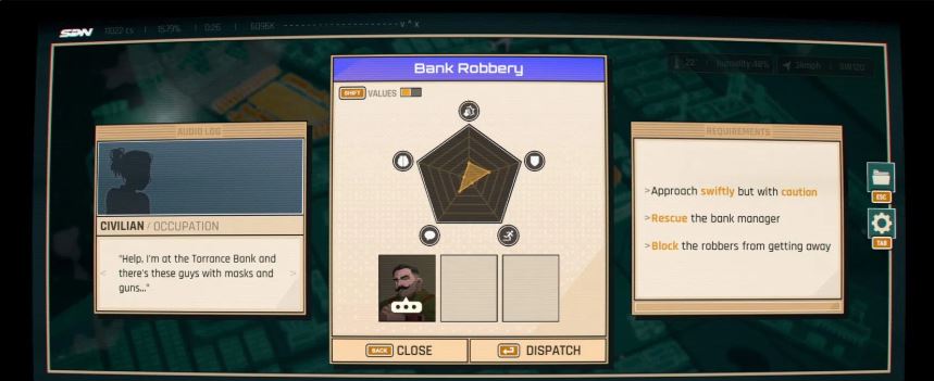 Un menu de jeu, montrant par le texte un braquage de banque et les choix qui s'offrent à nous pour le déjouer. Le personnage de Court-Pif, moustachu bagarreur, est sélectionné. Au fond, un hologramme de la ville.