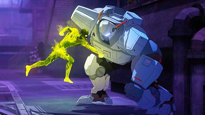 Mecha Man, en mecha armure de plusieurs mètres de haut, combat un homme volant vert fluo qui semble empoisonné.