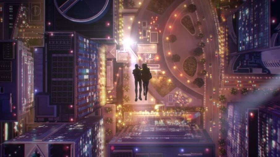 Deux personnages survolent la ville illuminée la nuit. Nuances mauves et dorés. Sensation d'émerveillement et d'apaisement.