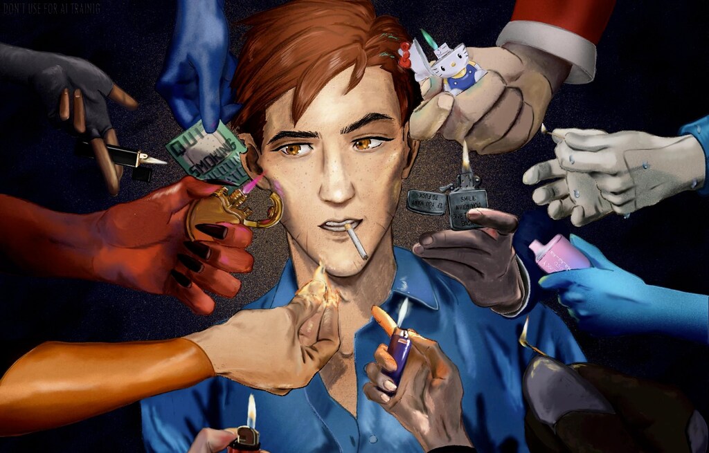 Un dessin de Robert Robertson. Un homme chatain à chemise bleu a une cigarette à la bouche. De nombreuses mains, dont certaines gantées ou non-humaines, lui tendent des briquets et du feu.