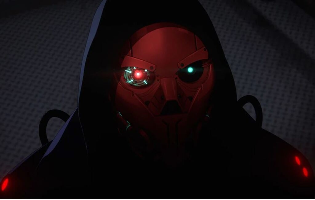 Shroud, un personnage menaçant arborant un masque rouge cybernétique en forme de crâne, une capuche, et des tuyaux dans le dos. Son oeil droit semble posséder un pouvoir cybernétique.