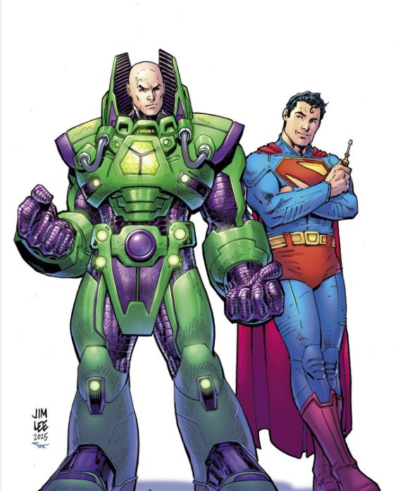 Dessin de Jim Lee, où l'on voit Lex Luthor (que l'on reconnait grâce à son crâne chauve) dans une grande arbure cybernétique verte et violette. Il a l'air insatisfait ou de mauvaise humeur. Superman est adossé à côté de lui. On le reconnait avec sa cape et son S sur la poitrine. Il tient un tournevis en main, l'air satisfait ou amusé.