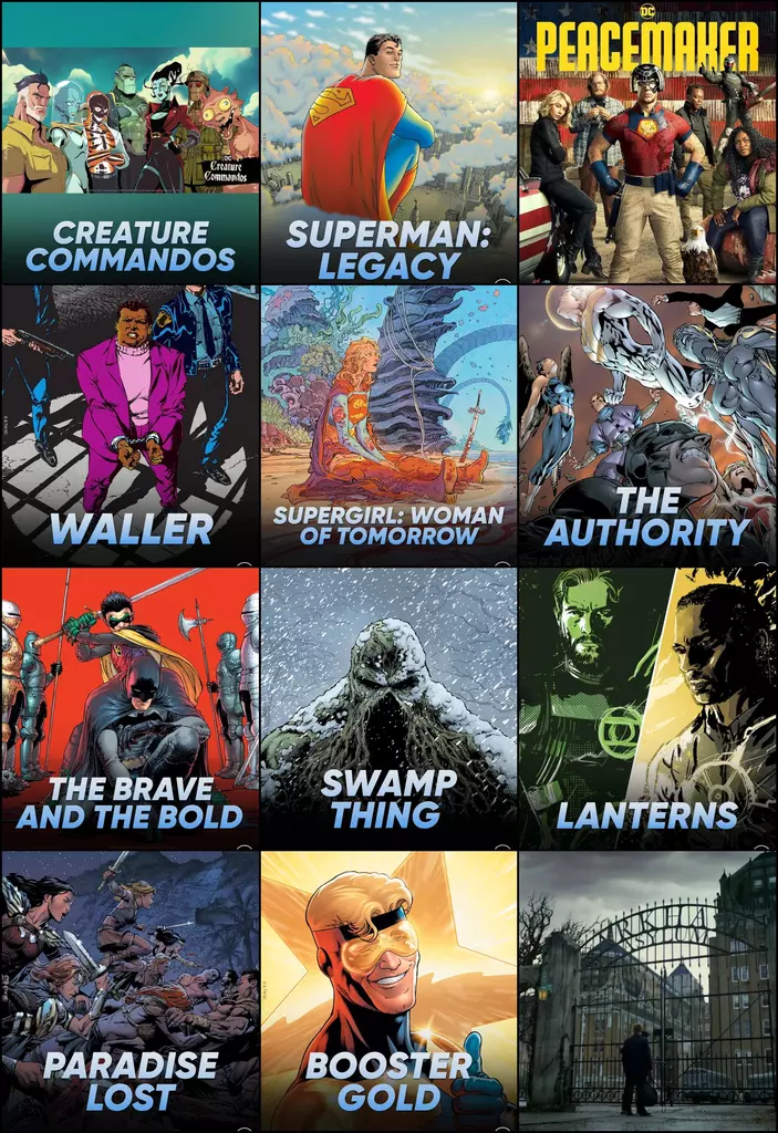 Tous les projets de l'actuel univers DC au cinéma. Des affiches reprenant des couvertures de comics. Dans l'ordre : Creature Commandos, Superman Legacy, Peacemaker, Waller, Supergirl Woman of Tommorow, The Authority, Batman The Brave and the Bold, Swamp Thing, Lanterns, Paradise Lost, Booster Gold, Arkham Asylum.