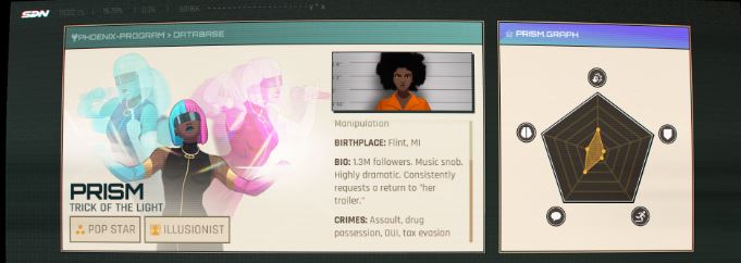 Menu du personnage Prism qui raconte sa biographie et ses stats. C'est une fille à peau noire, cheveux bleus et rose fluo. Visière en lunettes.