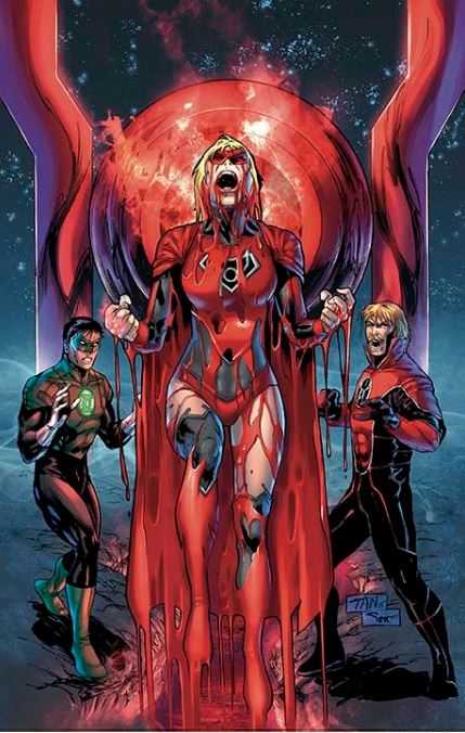 Page de comics, où l'on voit Supergirl, une femme blonde avec une cape, s'envoler couverte de sang en hurlant. Un symbole rouge dominant le paysage derrière elle. Les deux personnages autour d'elle (Kyle Rayner et Guy Gardner) ont l'air surpris et paniqués.