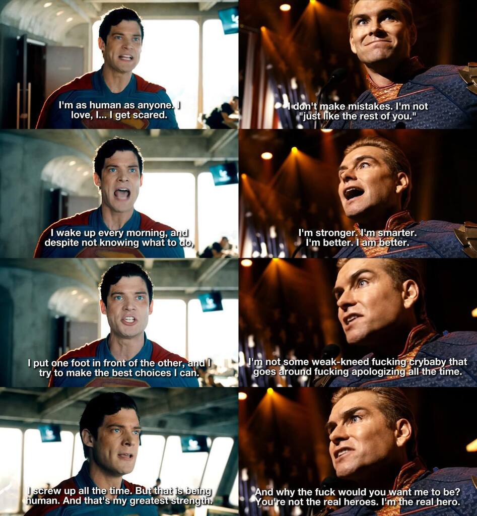 Ensemble d'images tirés du film Superman, à gauche. Et de la série The Boys, à droite. Le discours motivant et reconnaissant ses faiblesses de Superman. Opposé au discours autocentré et méprisant d'Homelander (Le Protecteur) clamant sa supériorité sur le reste de l'Humanité.