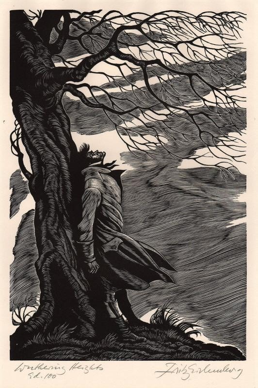 Gravure illustrant Les Hauts de Hurlevent. Heathcliff a les cheveux sombres et épais. Il est adossé à un arbre, au milieu d'une tempête de vent.