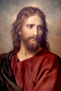 Peinture de Jésus, qui le représente avec des cheveux blonds et la peau pâle. Cette représentation est irréaliste.