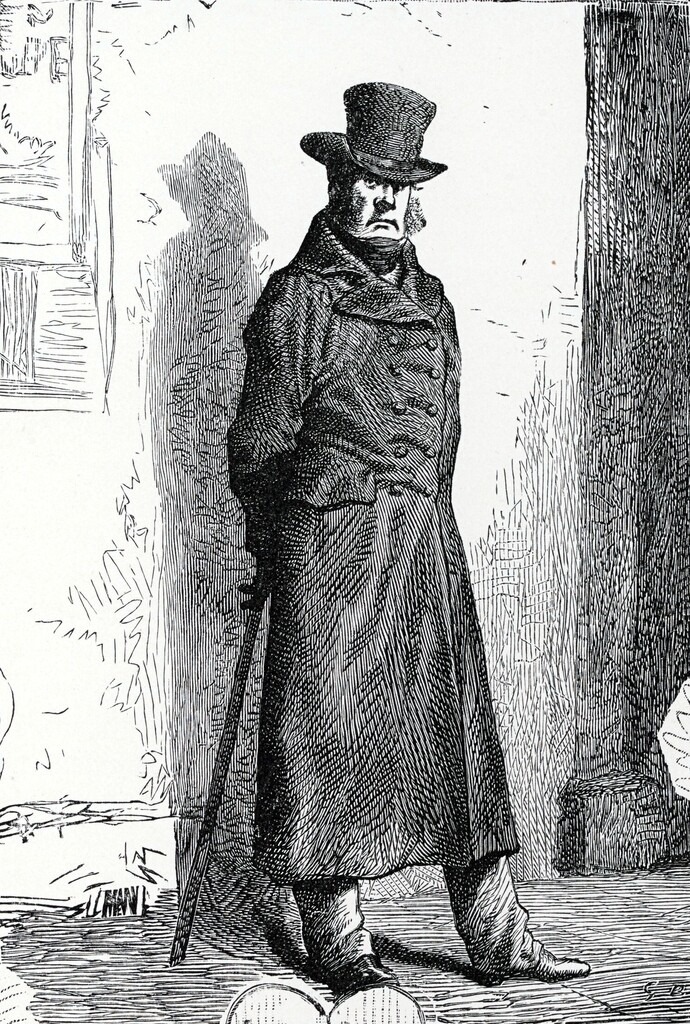 Célèbre illustration de Javert. Il se tient droit, porte un long manteau noir, un haut de forme et une canne.