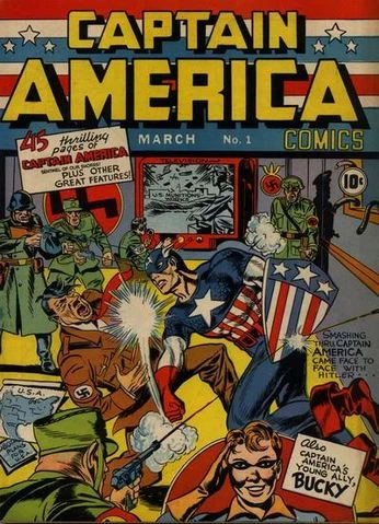couverture du premier captain america représentant le captain donnant un coup de poing à Hitler devant des nazis