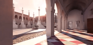 Reconstitution immersive d’un espace public romain avec portiques à colonnes, sols polychromes et organisation orthogonale, illustrant la structuration urbaine antique.