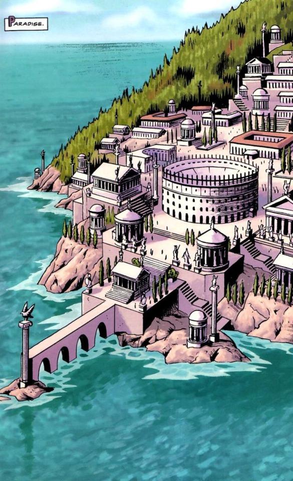 Illustration colorée de Paradise Island représentant une cité antique idéalisée avec temples, colonnes et amphithéâtre, construite en bord de mer selon une esthétique inspirée de la Grèce classique.