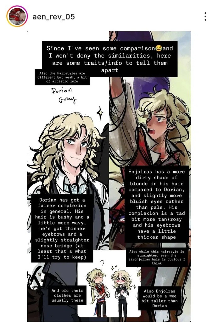 Dorian Gray et Enjolras ont tous deux de longs cheveux blonds et un visage féminin. La seule différence chez cette artiste est que Dorian est habillé en gris, et Enjolras en rouge.