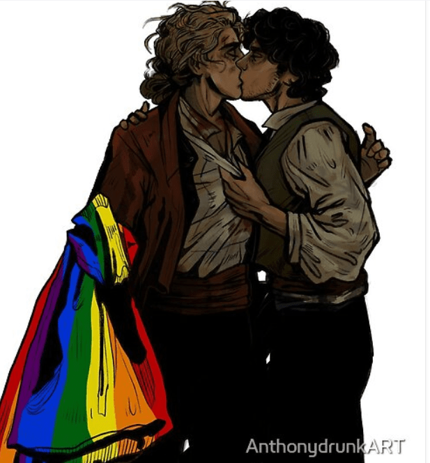 Dessin d'Enjolras et Grantaire qui s'embrassent avant d'être fusillés. Enjolras tient à la main un drapeau arc-en-ciel.