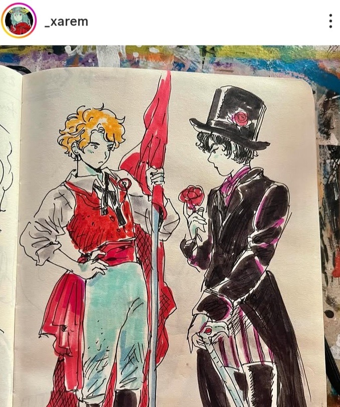 Enjolras (en rouge, avec son drapeau et sa cocarde) rencontre Montparnasse, le bel assassin à la rose.
