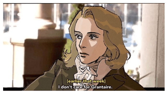 Enjolras est dessiné avec un visage fin et de longs cheveux blonds. Il est élégamment habillé.