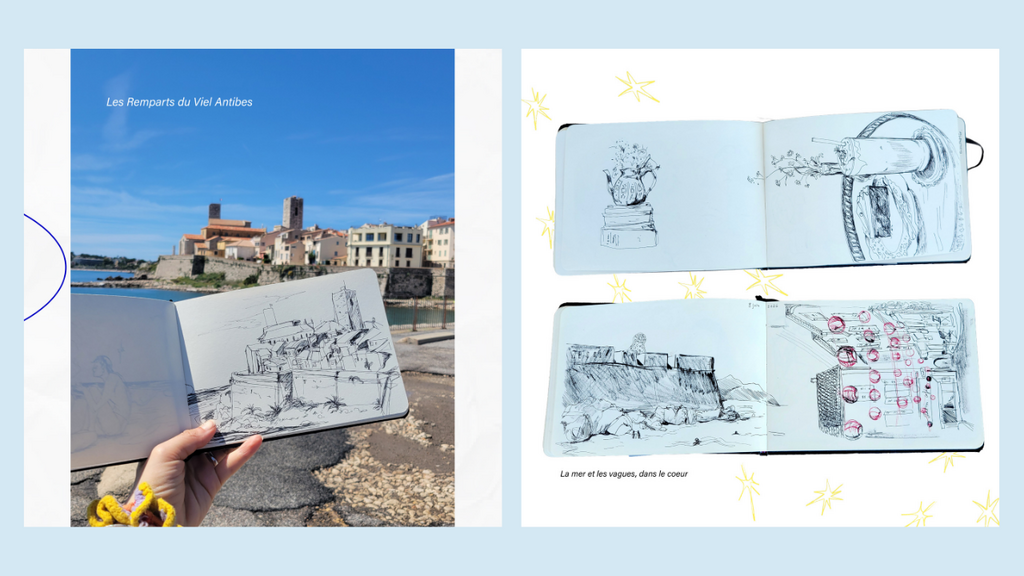 3 pages de carnet de croquis montrant des dessins d'observation des remparts du vieil Antibes et des rues d'Antibes.