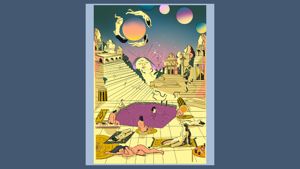 Illustration représentant un paysage rempli de vestiges antiques où l'on voit des femmes allongées ou volant dans le ciel.