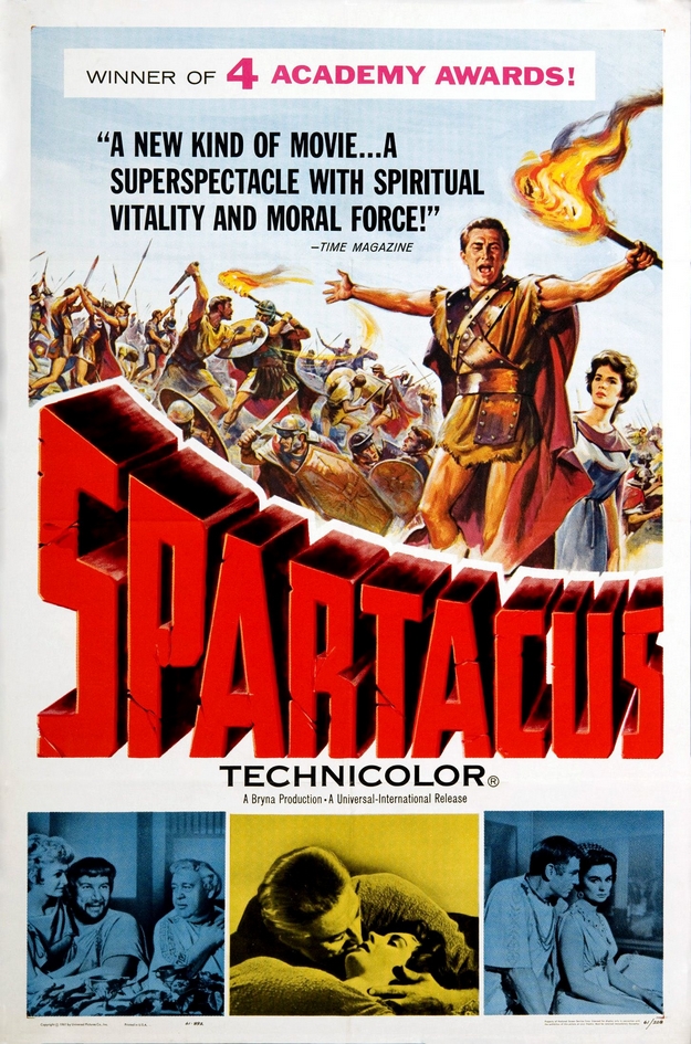 Affiche de Spartacus, dessinée, montrant spartacus au milieu d'une foule de gladiateur brandissant du feu, en dessous le titre, en rouge, en dessous, 3 photos du film.