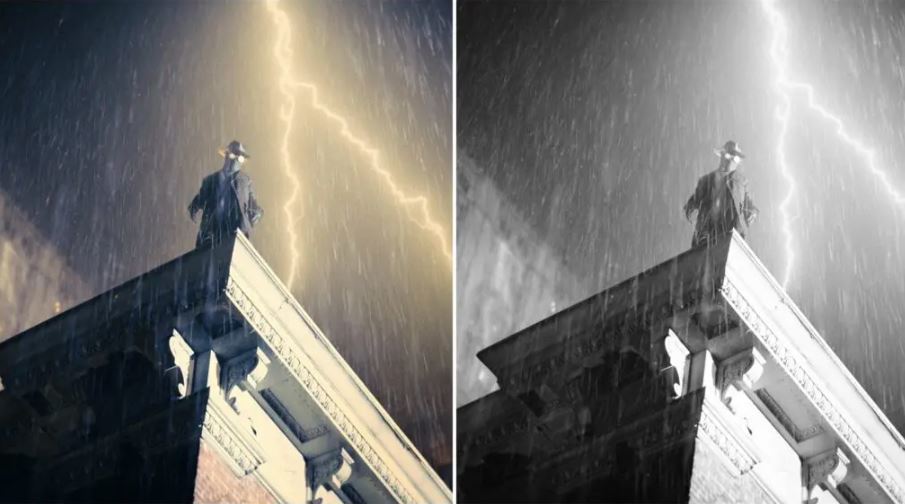 Une comparaison entre les versions couleur et noir et blanc. Dans les deux images, Spider-Man est sur un toit sous la pluie et l'orage. Un éclair déchire le ciel, illuminant sa veste et son chapeau.